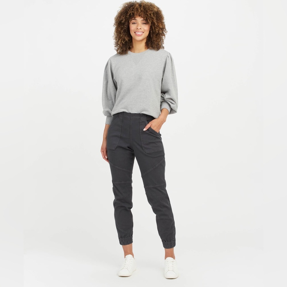 Spanx Stretch Twill Cargo Jogger Pants Size Medium Gray Zip Leg Opening